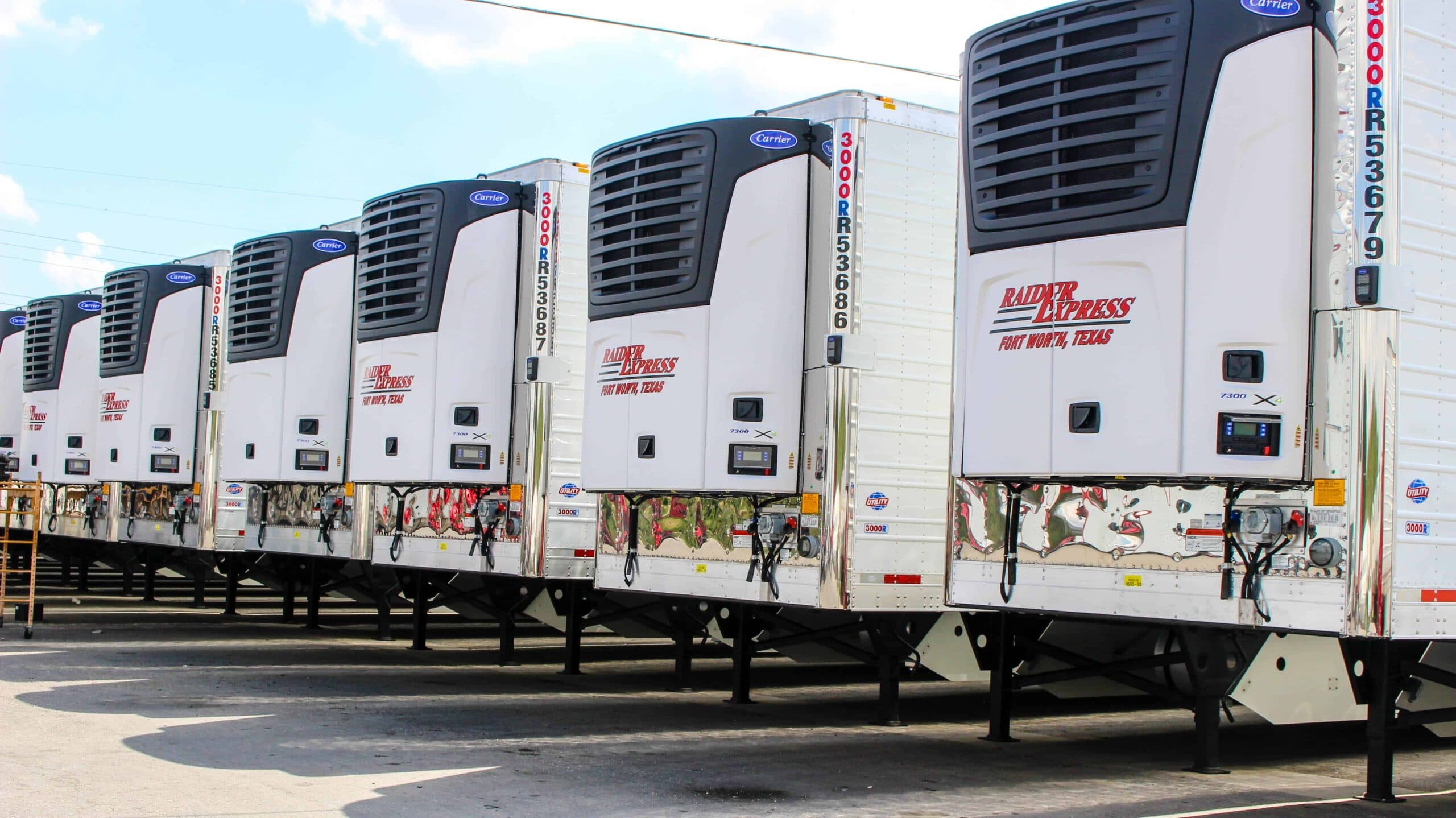 Row of Raider Express refrigerated trailers in the Fort Worth yard
